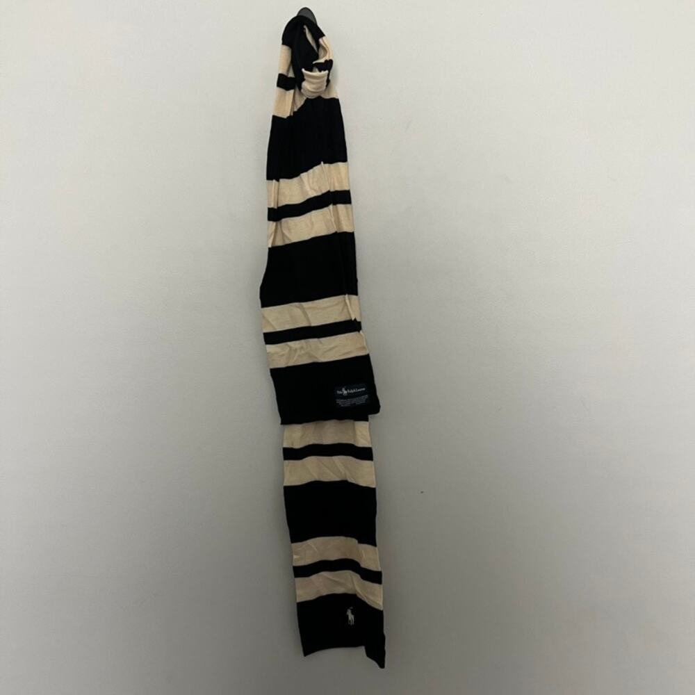 Polo Ralph Lauren Cream Black 100% Merino Wool Striped Scarf
